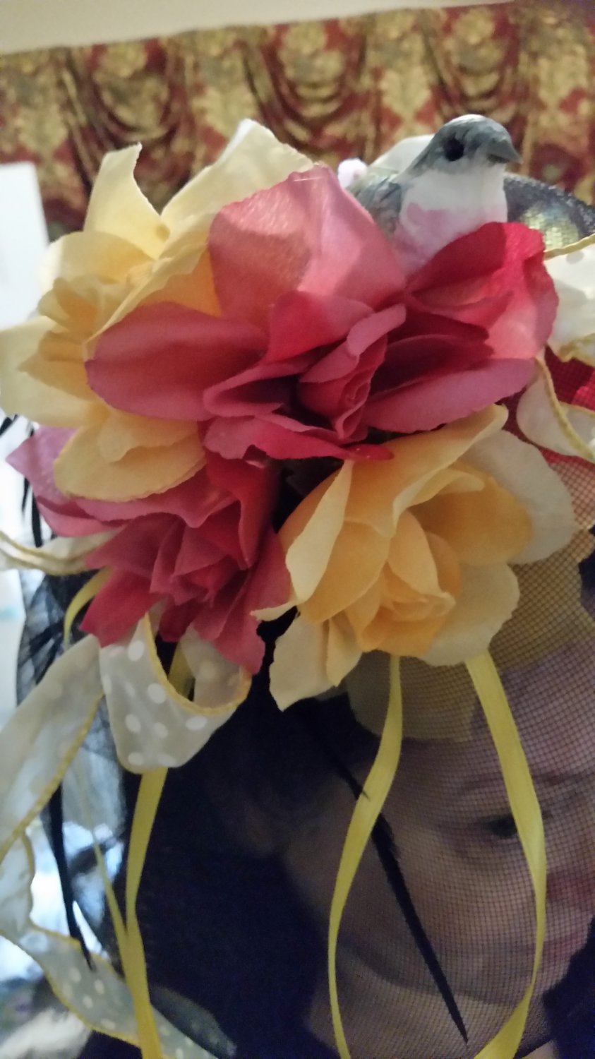 Fascinator Derby Hat With Yellow and Pink Roses, and Bird