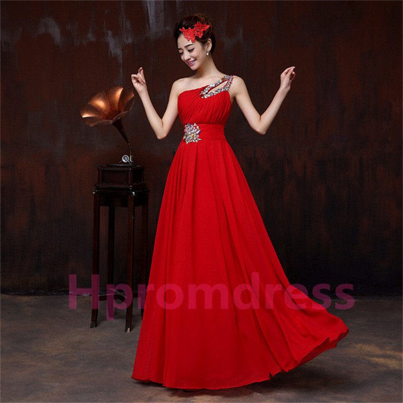 2015 New red one-shoulder beadling bridesmaid dress long formal proms evening dresses