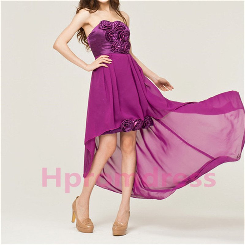 Strapless purple asymmetrical flowers quinceanera dress formal cocktail dresses