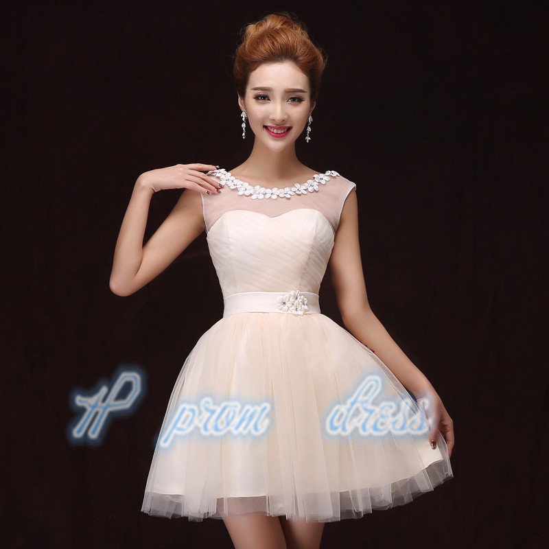 2015 New champagne spaghetti strap short prom Dress short knee length Bridesmaid Dress