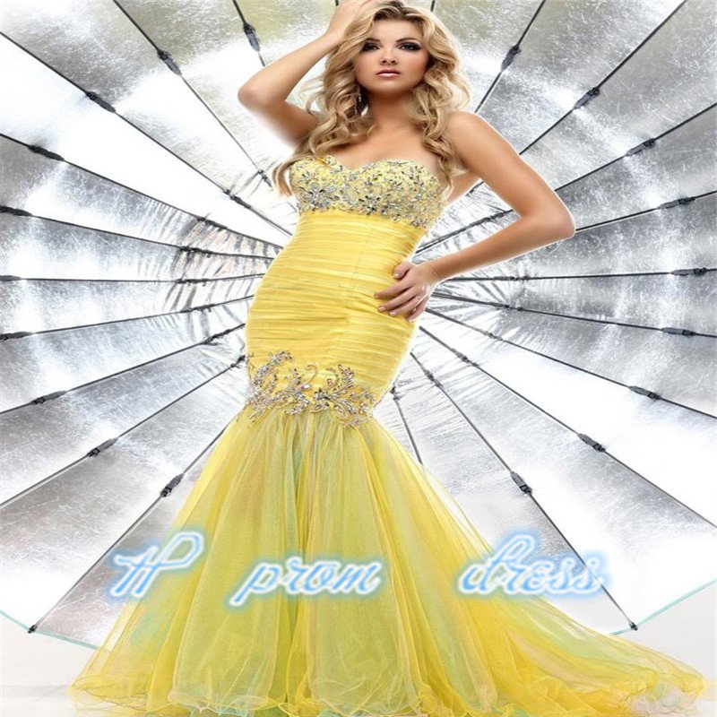 Yellow Mermaid Beaded Tulle Homecoming Formal Evening Dress Senior Prom