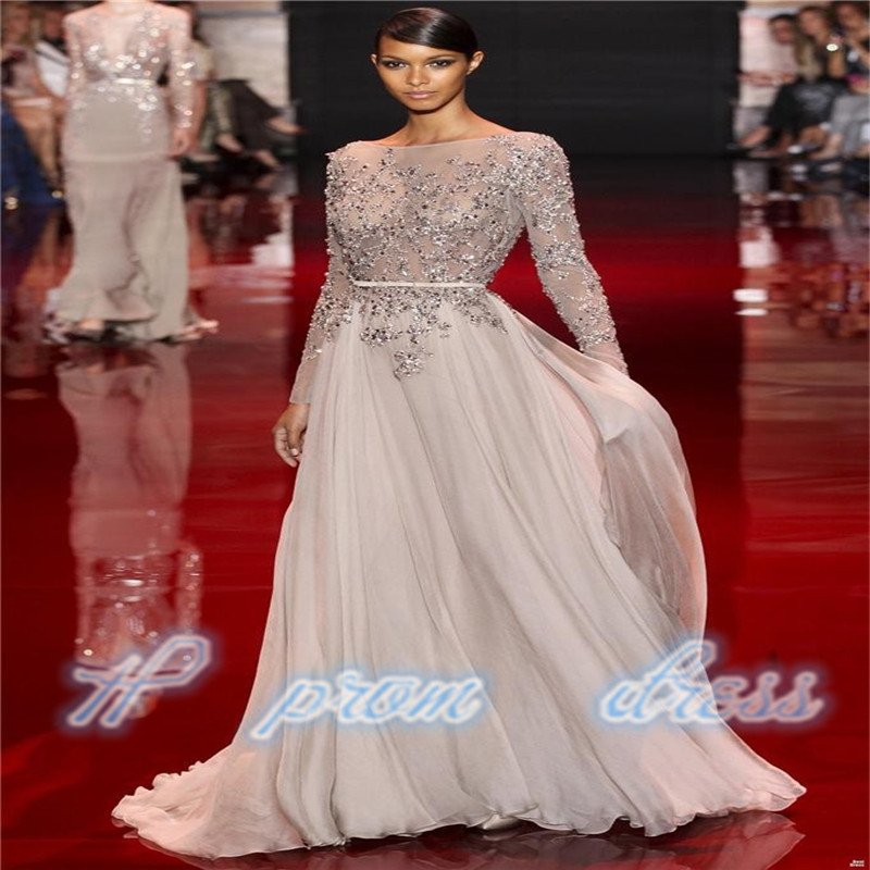 New Design Heavy Beaded Custom Formal Long Sleeve Prom Evening Dresses