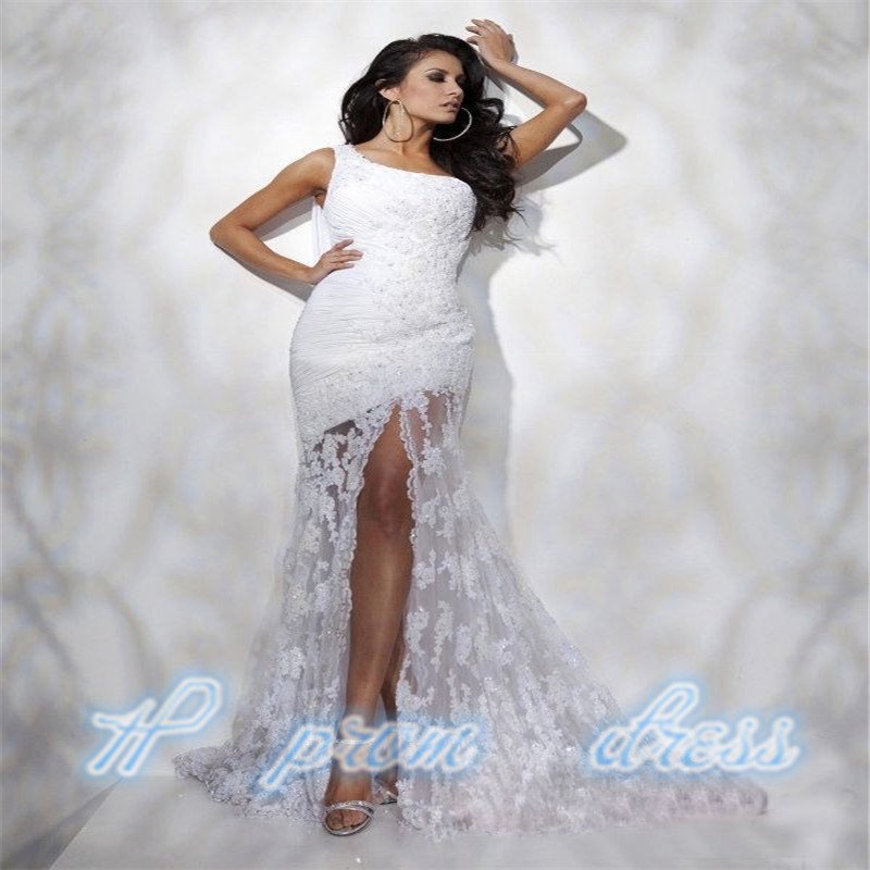 Sexy One-shoulder Split Lace Bridal Wedding Party Evening Gown Celebrity Dress