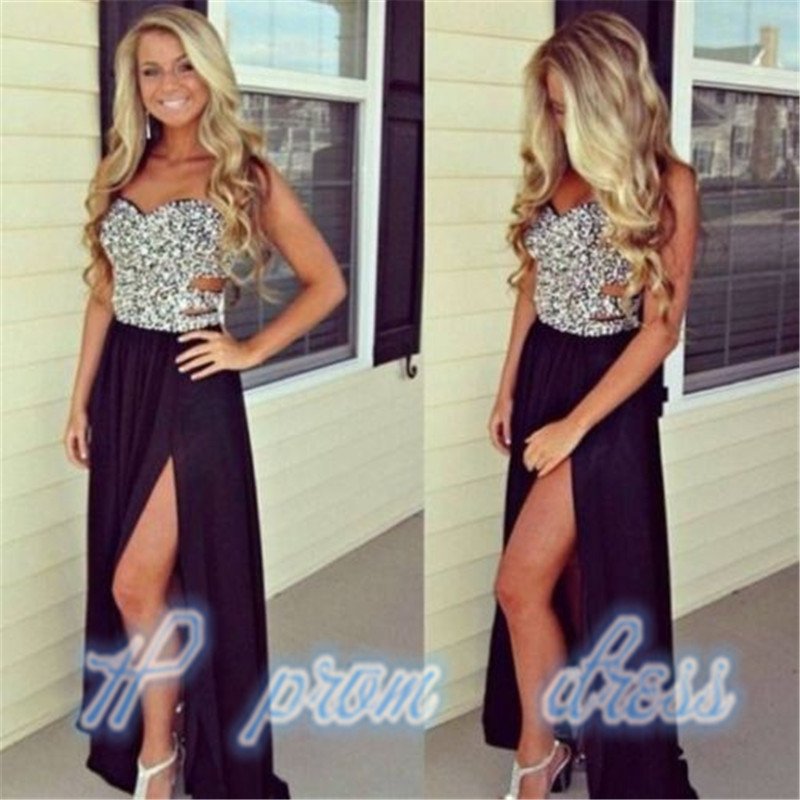 Black Chiffon Prom Dresses 2015 Long Slit Bead Evening Party Ball Gown