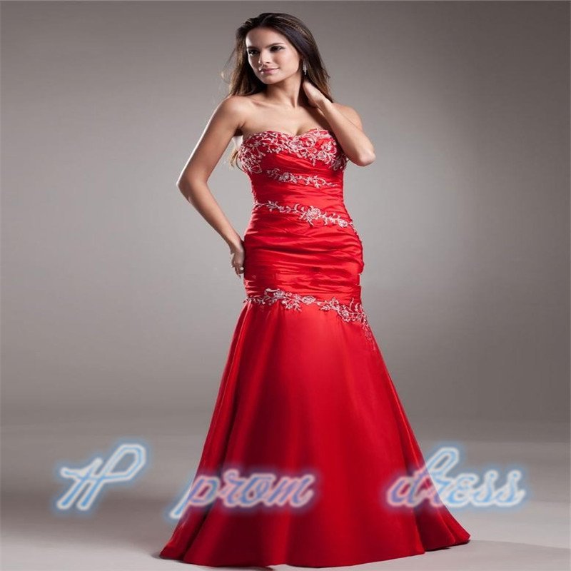 Sweetheart Applique Satin Sheath Red Long Evening Dress Party Formal Prom Gown