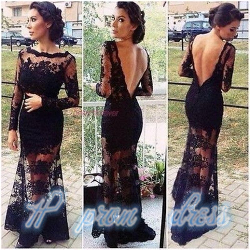 Sexy Black Lace Long Sleeve Backless Prom Dress Wedding Formal Evening Long Gown