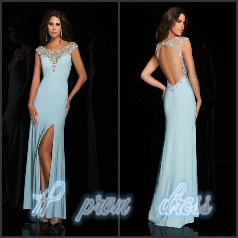 2015 Sexy Open Back Slim Sheath Split Side Long Chiffon Crystal Prom Dresses