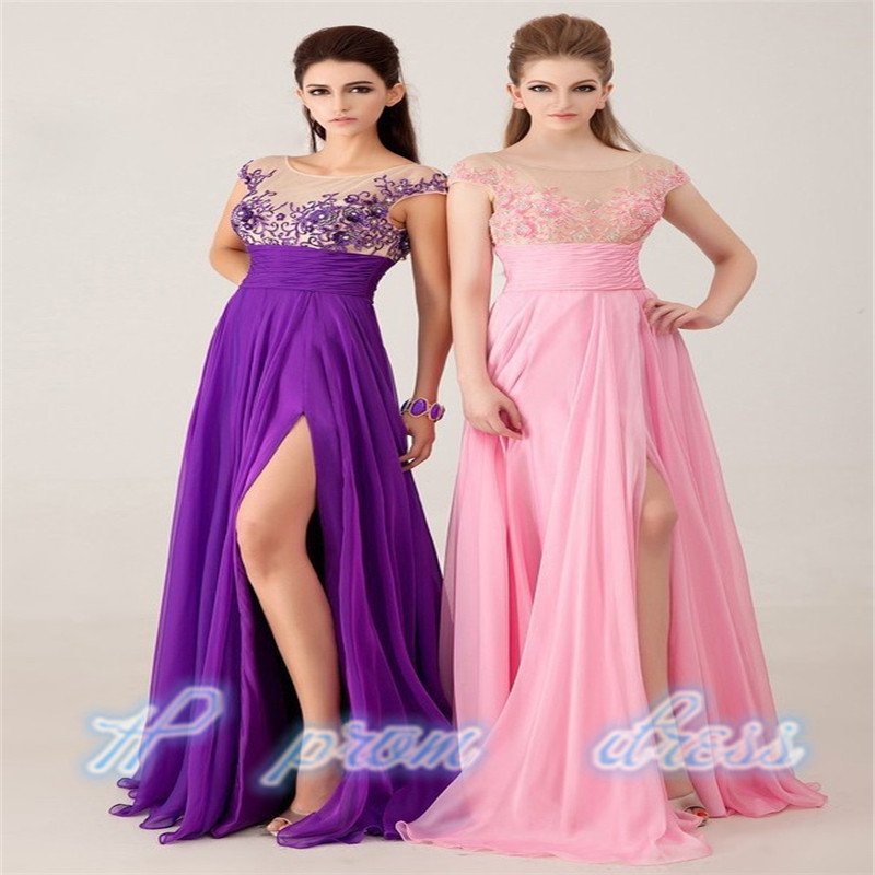 Floor Length Applique Cap Sleeve Cut-out Back Chiffon See Through Corset Long Prom Dresses