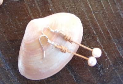 Large Hole Pearl and Leather Earrings Silver Plated Hand Made In The USA E202 ~~