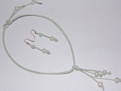 Pearl and Leather Necklace Mint Green With 14K Gold Plated Earrings Made In USA