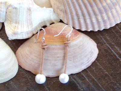 Big Hole Pearl and Leather Earrings .925 Sterling Silver Made In The USA E21 ~~~