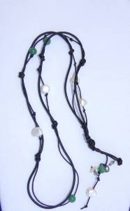 Pearl Leather and Swarovski Crystals Necklace Handmade Unique USA