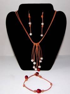 Pearl and Leather Necklace Bracelet and 14 K GP Earrings Brianna Collection ~~~