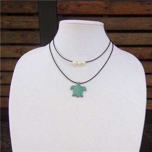 Mykonos Sea Turtle and Large Hole Pearl Leather Necklace Boho Chic N135 ~