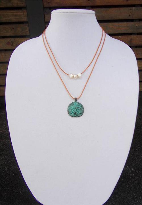 Mykonos Sand Dollar Pendant and Large Hole Pearl Leather Necklace Boho Chic N138