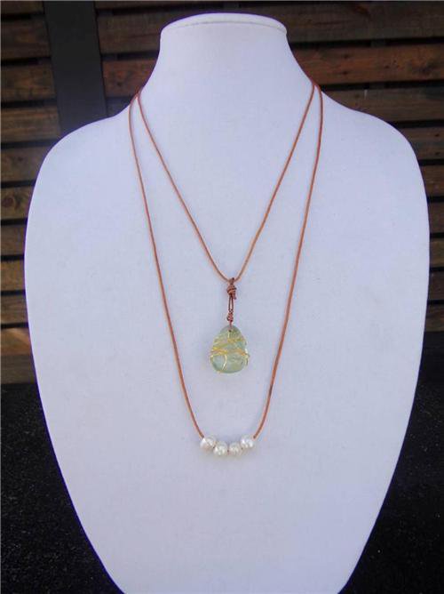 Large Hole Pearls and Leather Necklace Wire Wrapped Glass Boho Chic N409 ~~~~~~~