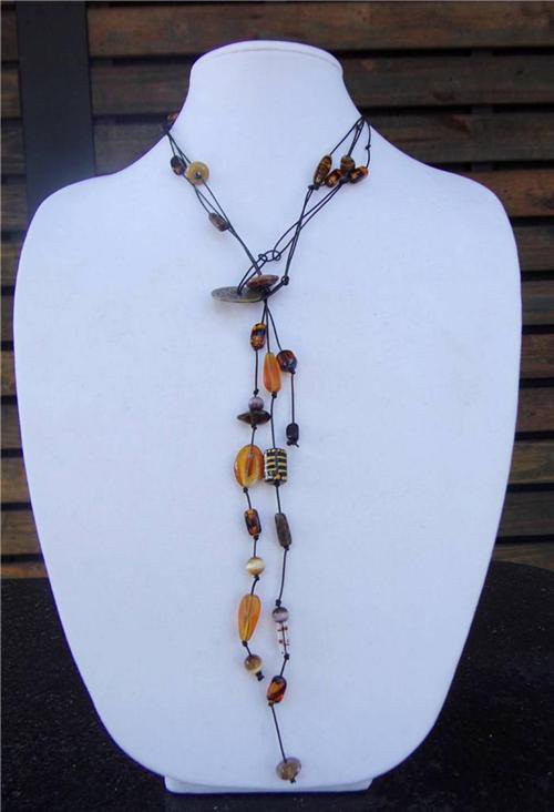 Glass Beaded Leather Necklace Made In The USA Boho Chic N411 ~~~~~~~