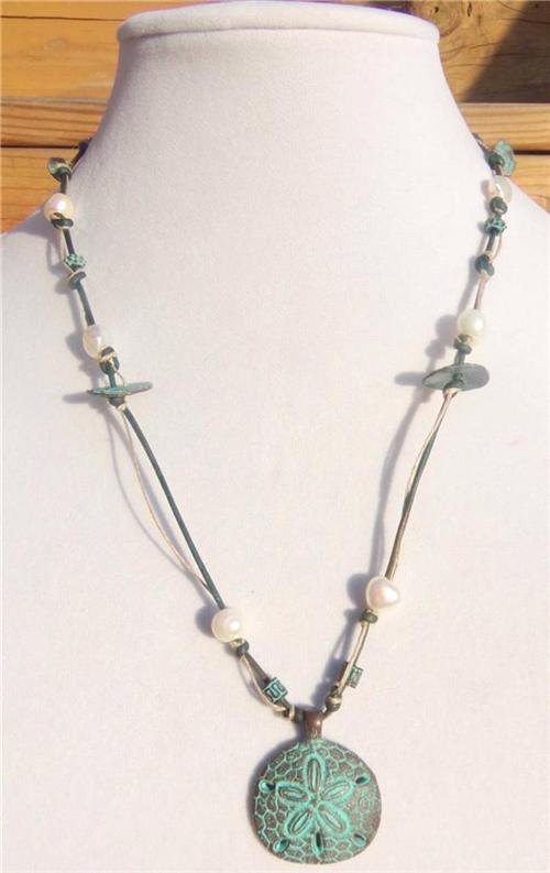 Freshwater Pearls and Leather Necklace Greek Green Patina Sand Dollar Beach 502~