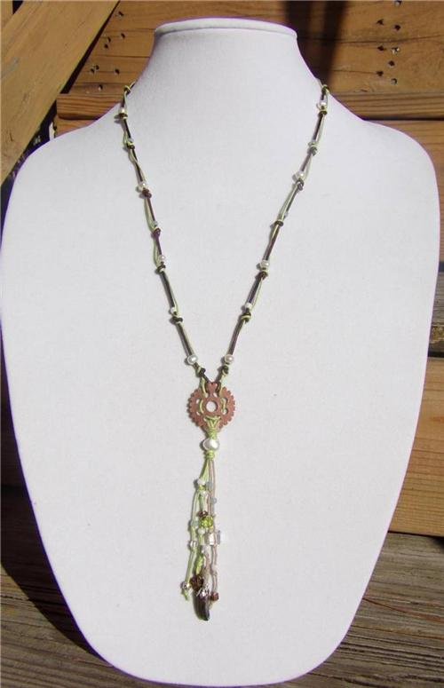 Freshwater Pearls and Leather Necklace Sand Dollar Cluster Pearl Charm 507 ~~