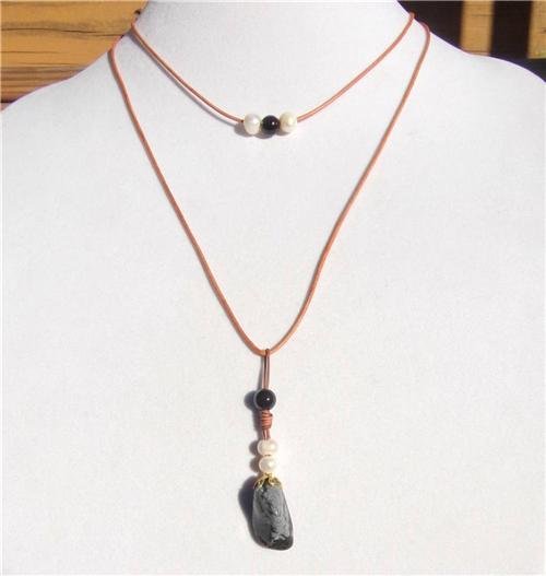 Freshwater Pearls Black Onyx Polished Stone On 14K GP Cap Leather Necklace 511 ~