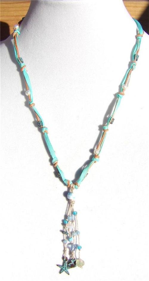 Freshwater Pearl and Leather Necklace Green Patina Shell Star Fish Charms 515 ~