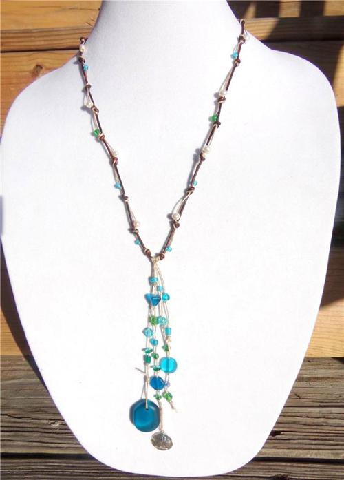 Freshwater Pearl and Leather Necklace Sea Glass and SP Sand Dollar Charm 516 ~~~