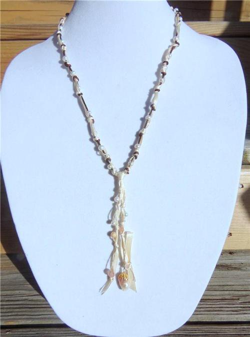 Freshwater Pearl and Leather Necklace Pearl Cluster 14k GP Bell Cap Beach 521 ~~