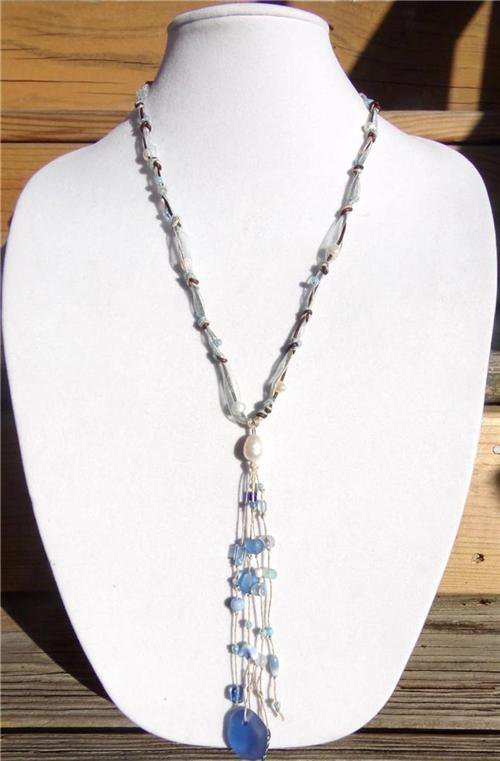 Freshwater Pearl and Leather Necklace Sea Glass And Green Patina Shell Charms 522 ~~~