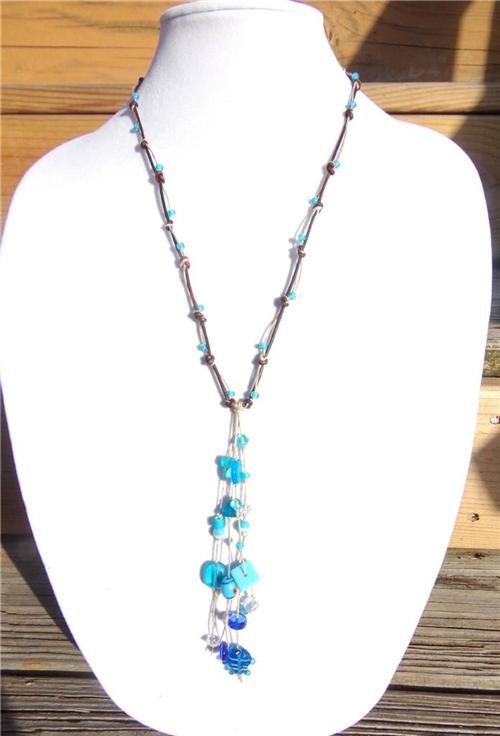 Knotted Leather Necklace Glass Beads Glass Fish Beads Ocean Blue Beach Beads 525