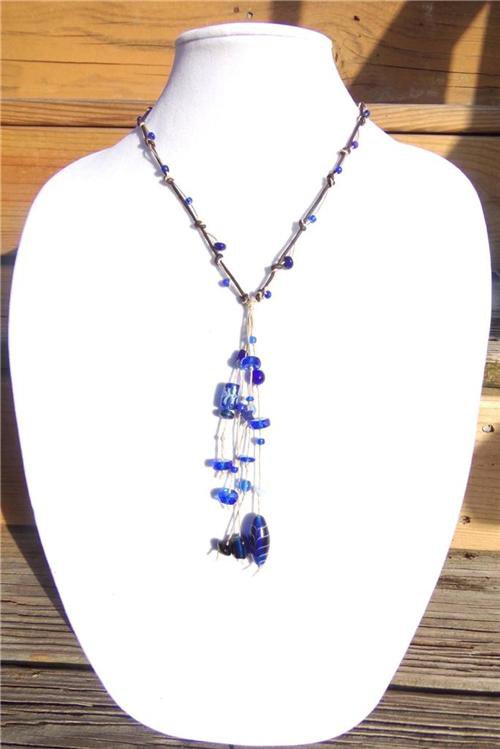 Knotted Leather Necklace Glass Beads Ocean Blue Beach Beads 527