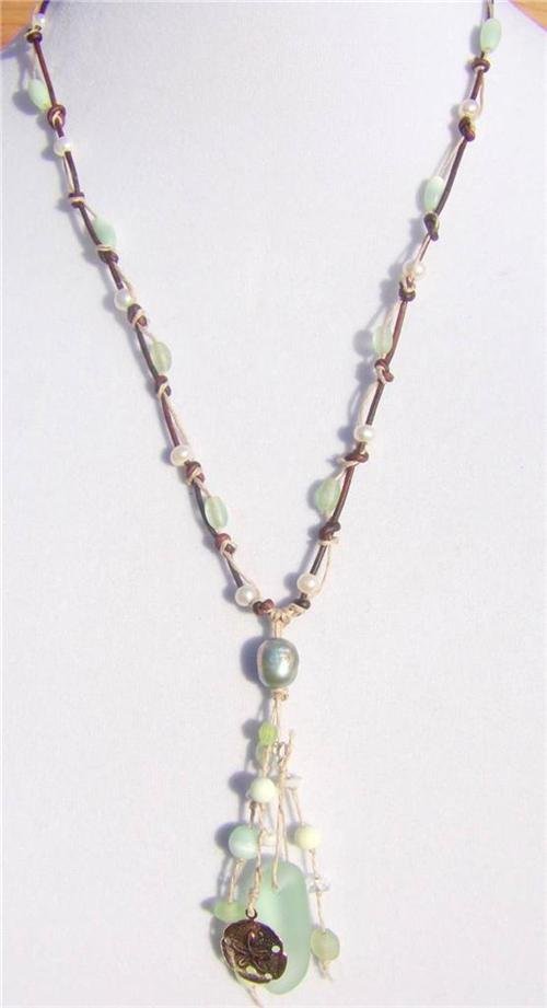 Freshwater Pearl and Leather Necklace 14k Gold Plated Sand Dollar Sea Glass 528~