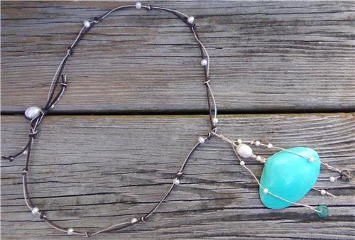 Freshwater Pearl and Leather Necklace Hand Painted Shell Star Fish Charm 529 ~~~~