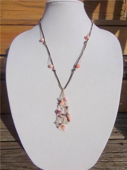 Leather and Glass Bead Necklace Polished Stone Silver Plated Cap Star Fish 532 ~