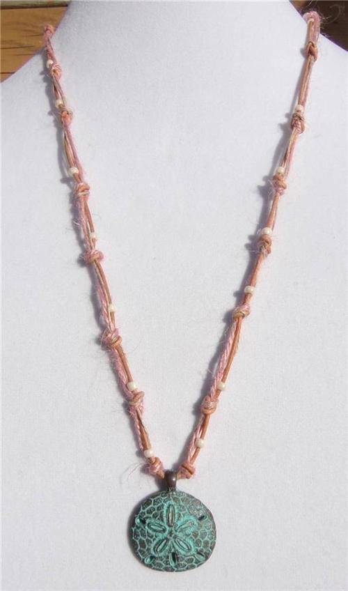 Knotted Leather Necklace Greek Green Patina Sand Dollar Charm Hemp Rope 538 ~~~