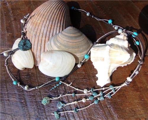 Leather and Pearl Necklace with Turquoise and Green Patina Sea Charms N602 ~~
