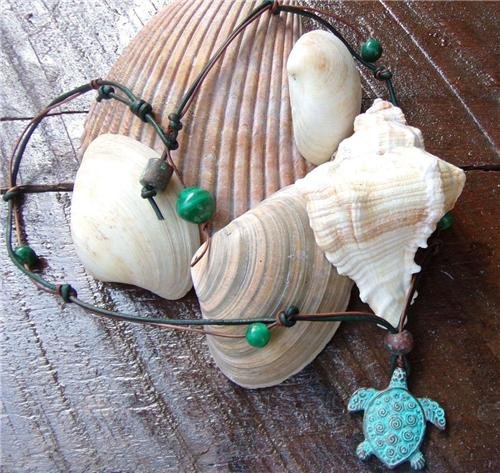 Green Patina Sea Turtle Necklace on Knotted Leather with Glass Beads N606~~