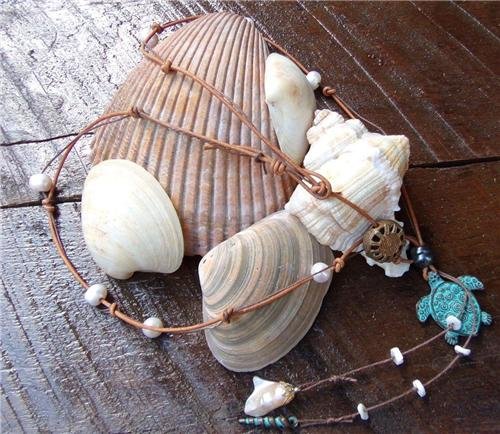 Green Patina Sea Turtle Necklace on Knotted Leather Pearl Cluster Shell N608~