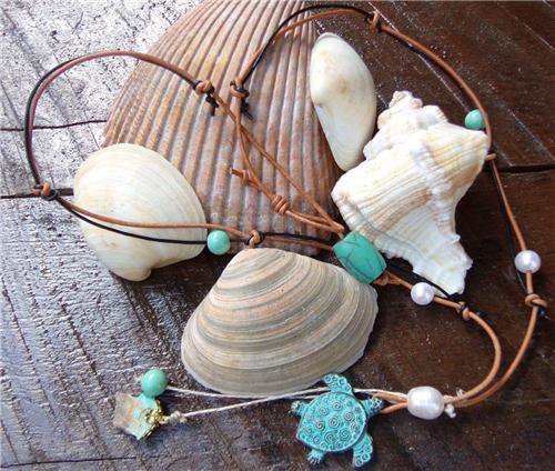 Sea Turtle Necklace on Knotted Leather Freshwater Pearls Turquoise N612 ~~~~~