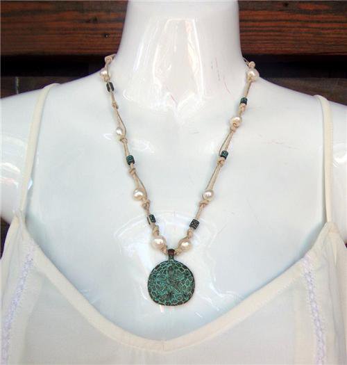 Sand Dollar Necklace on Knotted Hemp Freshwater Pearls Green Patina N613 ~~~~~