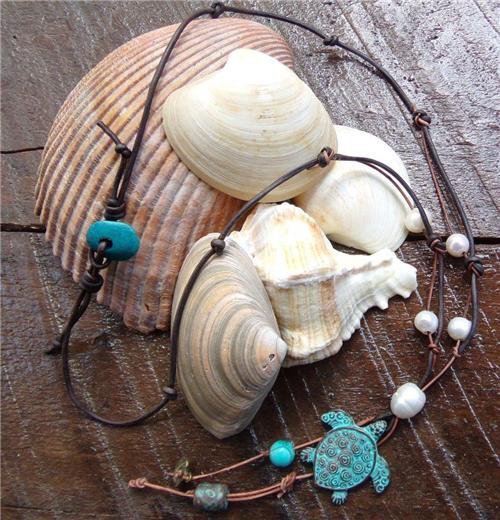 Sea Turtle Necklace on Knotted Leather Freshwater Pearls Turquoise Bead N614 ~~~~~