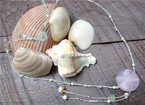 Mint Green Leather Knotted with Glass Beads And A Pink Stone N615 ~~~~~~~~~