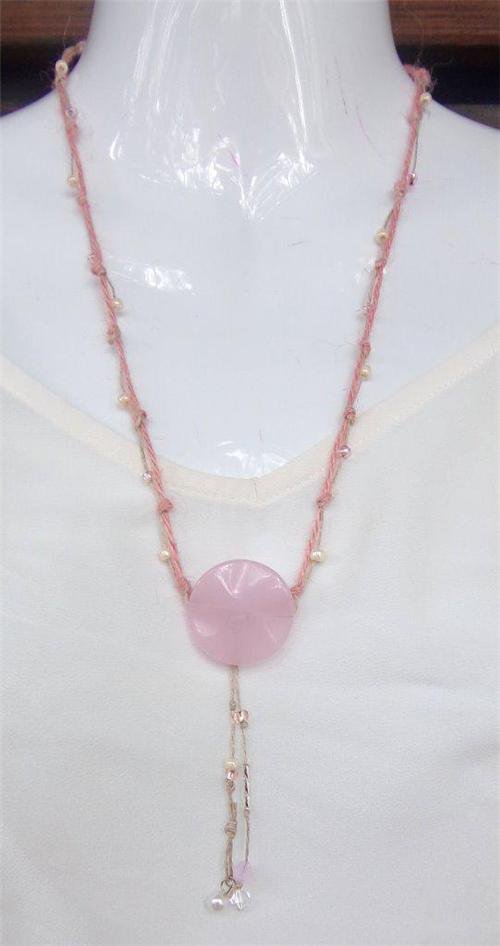 Pink Hemp Rope Knotted With Glass Beads And A Pink Stone N616 ~~