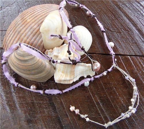 Pearl and Leather Necklace With Blush Pearls and Purple Ribbon N617 ~~~~