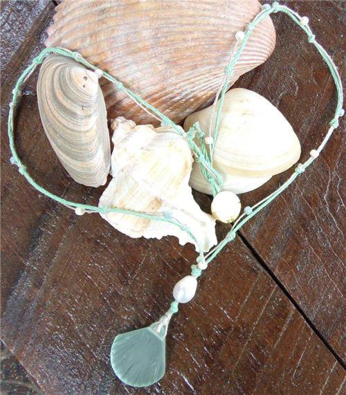 Sea Glass Shell Necklace Big Hole Pearl and Glass Beads Mint Green N621 ~