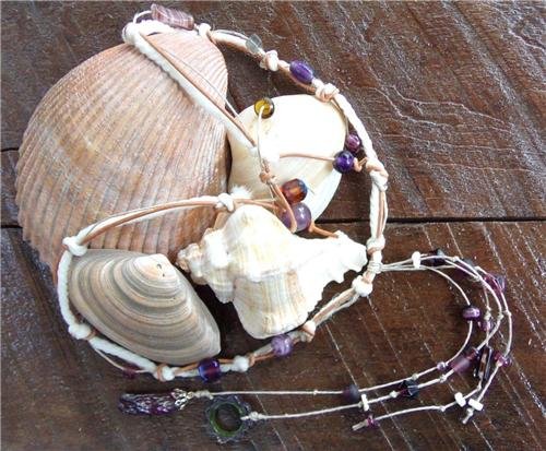 Knotted Leather Necklace With Knotted Hemp Rope and Glass Beads N622 ~~~~