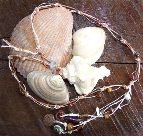 Knotted Leather Necklace Shell Charm Freshwater Pearl Glass Beads N624 ~~