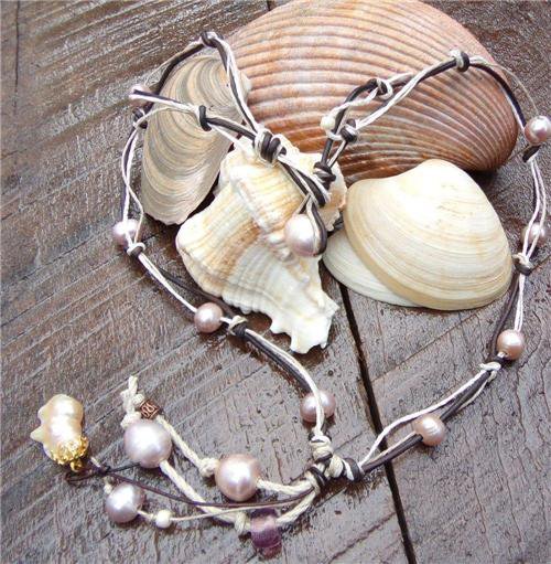 Pearl and Leather Necklace Pearl Cluster Charm 14k Freshwater Pearls N626 ~~~~~