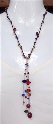 Leather and Glass Beads Necklace Ladies Knotted Leather Necklace Beach N628 ~