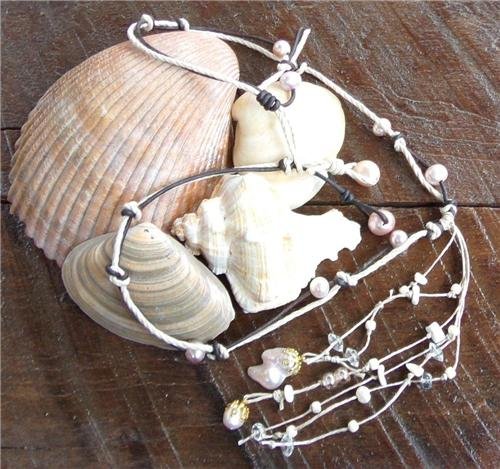Pearl and Leather Necklace Pearl Cluster On 14K GP Cap Glass Beads Beach N629 ~~