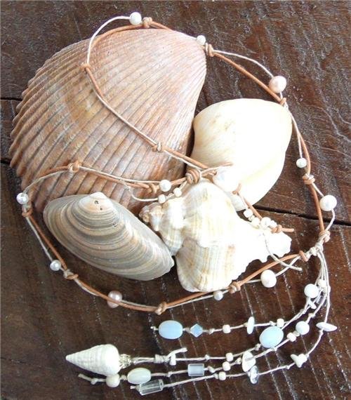 Pearl and Leather Necklace Hand Painted Shell On 14K GP Cap Beach N630 ~~~